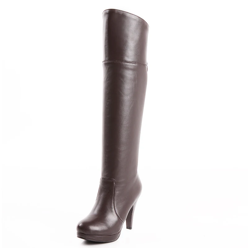 TAOFFEN/размеры 32-48, женские ботфорты на высоком каблуке модные зимние высокие сапоги на платформе теплые зимние сапоги, обувь на каблуке, P1889 - Цвет: Коричневый