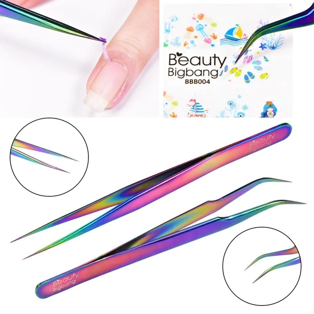 Пинцет BEAUTYBIGBANG из радужной нержавеющей стали для маникюра и нейл арта