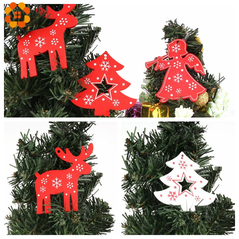 8PCS White&Red Wooden Christmas Ornaments Pendants Wood Crafts Hanging Xmas Tree Ornament Kids Gift Christmas Party Decorations