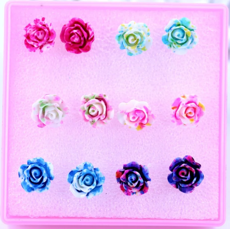 6 Pairs/Set 10mm Colorful Small Rose Flower Earrings Set Round Resin
