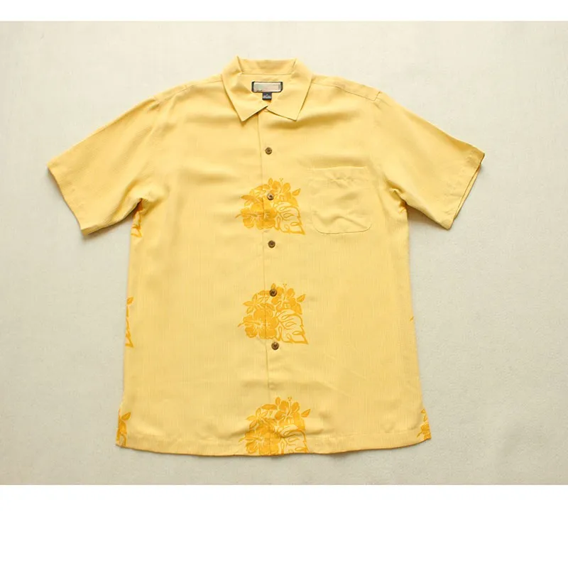 

Yellow Shirt Men Short Sleeve Silk Print Casual Summer