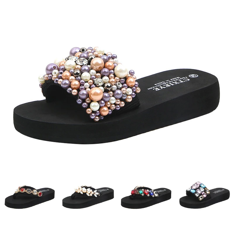 Children Summer Kids Slippers Comfortable Fashion Rhinestone Venetian Pearl Girls Beach Shoes Sequins Bling Casual Home Shoes