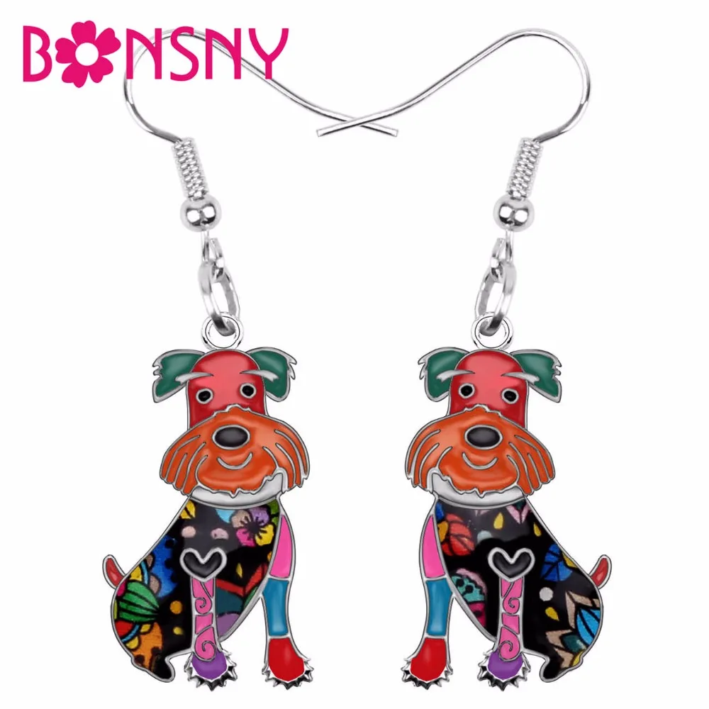 

Bonsny Enamel Alloy Floral Happy Sitting Schnauzer Dog Earrings Drop Dangle Big Long Fashion Animal Jewelry For Women Girls Gift