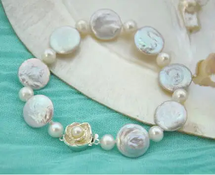 

Free Shipping >> new hot 8" 15mm coin white freshwater pearl bracelet