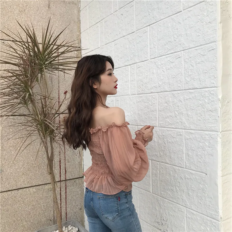 Shirts Women Slash Neck Lace Full Short Simple Elegant Ladies Korean Style Shirt Womens Slim Soft Chiffon Lantern Sleeve Shirt