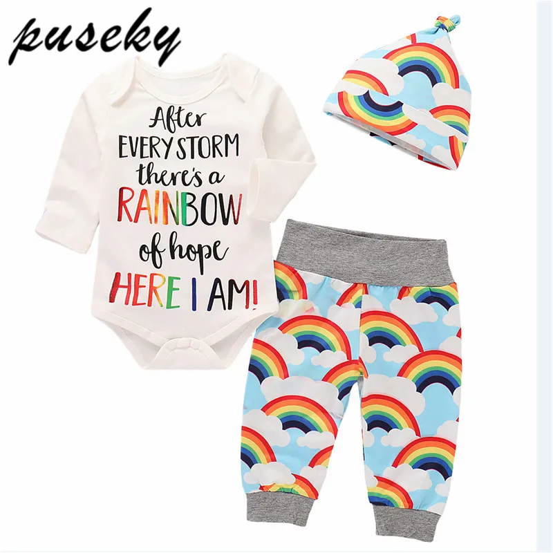 

Puseky 0-24M Infant Newborn Baby Boy Girl Rainbow Clothes Long Sleeve Cotton Romper Tops+Long Pant Hat Bebek Outfit Clothing Set