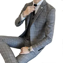 2019 новый модный бутик клетчатый мужской тонкий официальный деловой костюм/Жених Свадебное платье клетчатый костюм мужской костюм из трех