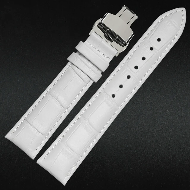16mm 18mm 19mm 20mm 21mm 22mm Ladies Mens White Genuine Leather Watch Band Strap Silver
