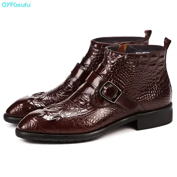 

QYFCIOUFU Luxury Men Designer Boots Men Shoe Italian Genuine Leather High Quality Cow Leather Hasp Crocodile Pattern Ankle Boots