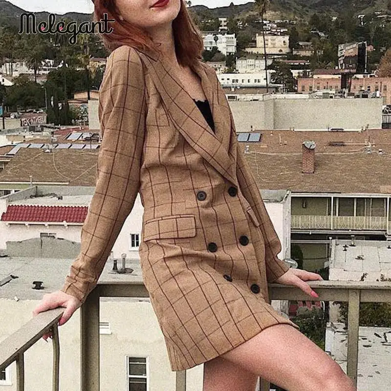 Melegant Casual Button Women Blazer Dress Autumn Winter 2019 Blazers High Fashion Plaid Sexy Blazers Coat