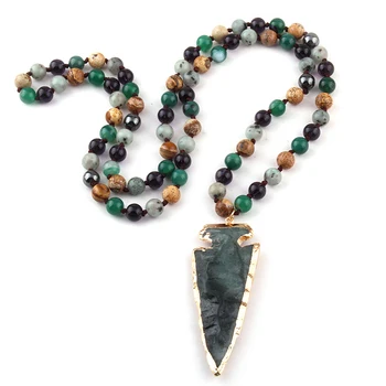 

Fashion Bohemian Tribal Jewelry Semi Precious Stones Long Knotted Stone Green Arrowhead Pendant Necklaces