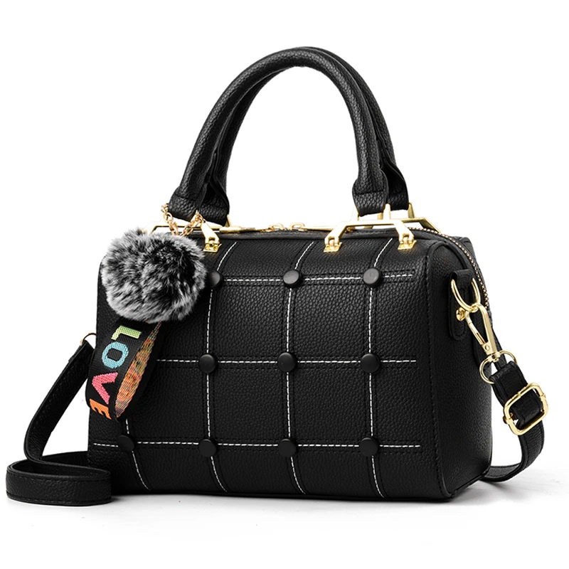 

Leather Bag Women Handbag Zipper Crossbody Bags Plaid Original Design Boston Handbags Top-Handle Bags for Women With Hairball