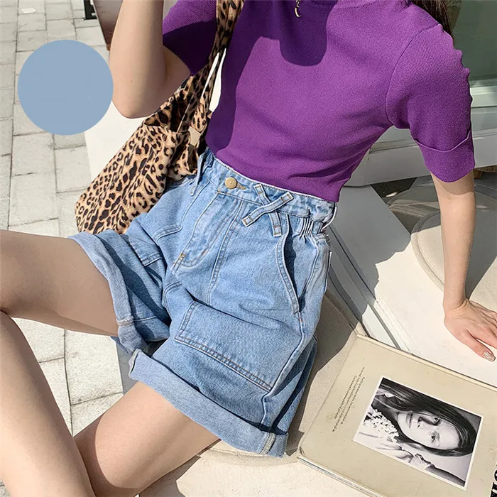 Летние джинсовые женские шорты 2019 Новый Винтажный с высокой талией женские Шорты повседневные тонкие для похудения трапециевидные