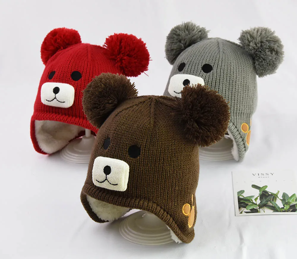 

Children Boys Kids Cartoon Bear Knit Hairballs Winter baby hat with pompom baby hat scarf set Warm Balls Beanie Hat Cap