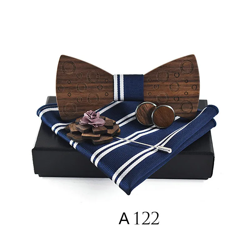  RBOCOTT Men's Plaid Wooden Bow Tie Set Striped Wood Bowtie +Handkerchief+Cufflinks+Brooch Sets With