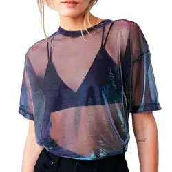 2019 шикарная Сексуальная Сетчатая футболка летние прозрачные женские футболки прозрачный сверкающий Повседневный Топ винтажные Blusas