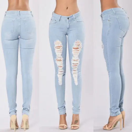 Новый ультра эластичный синий кисточкой Рваные Джинсы женские джинсовые штаны Мотобрюки для Для женщин Карандаш обтягивающие джинсы