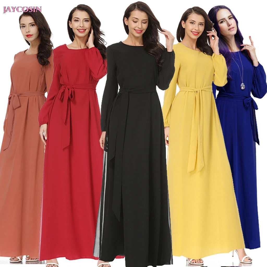 

2019 Muslim Clothes M L Women Ribbon Muslim Plius Size Solid Long Sleeve Chiffon Arab Islam Jilbab Dress Lover Gift Drop #0409