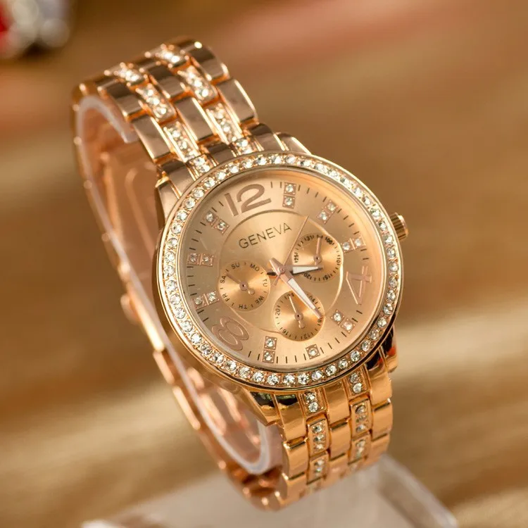 Горячая Распродажа, брендовые позолоченные часы Geneva для женщин и мужчин, стразы, кварцевые наручные часы Relojes Mujer ge001