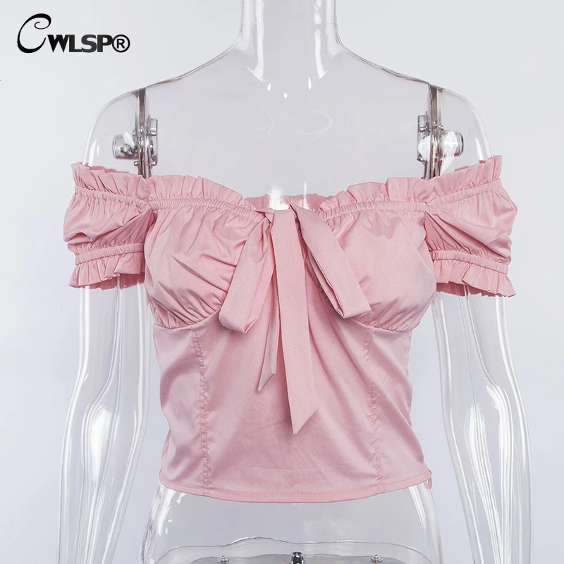 CWLSP Front Bow Tie T-Shirt Slash Neck Off the Shoulder Summer Tube Lettuce-Edge Crop Top Shirt Women T Shirt camiseta feminina