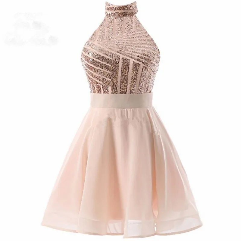 

Sparkly 2018 A-Line Halter Homecoming Dress Short Mini Off Shoulder Homecoming Graduation Dresses Sequined Cocktail Dresses
