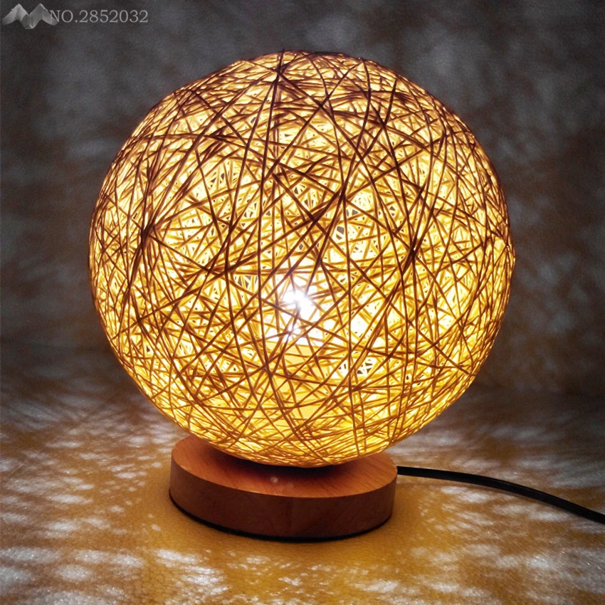 

JW_New Wooden Night Lights Bedside Modern LED Lamps Hemp Rattan Circle Ball Table Lamp Christmas Decoration Light Bedroom Lights