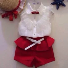 children’s clothing hot-selling fashion girls baby set Girl lace white blouses+ red shorts clothing set kids clothes