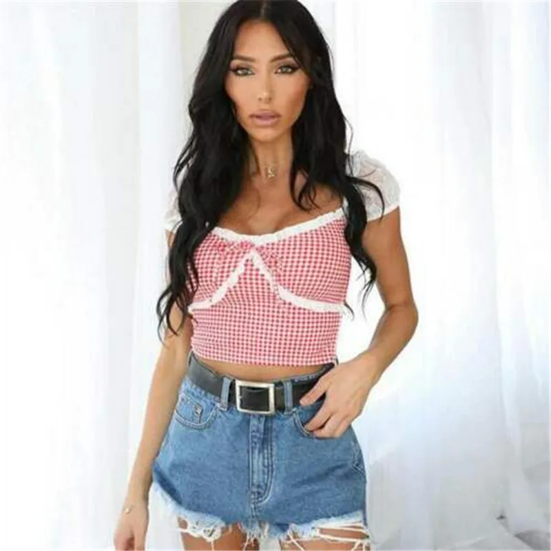 

UK Sexy Summer Plaid Women Shirts Lace Short Sleeve Low V-neck Sexy Plaid Bandage Blouse Top Vest Femme