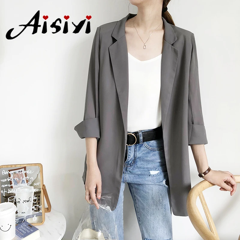 

Korean Version New Three Quarter Medium and Long Chiffon Net Red Small Suit Jacket Thin Female Black, White and Grey Suit