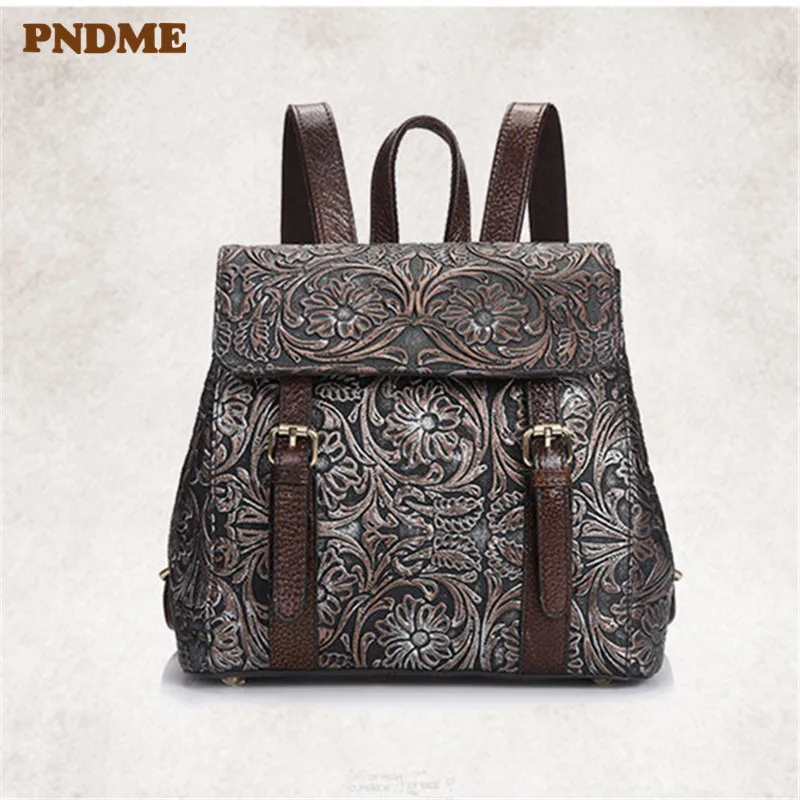 

PNDME designer handmade embossed genuine leather ladies backpack fashion vintage outdoor daily cowhide women's party rucksack