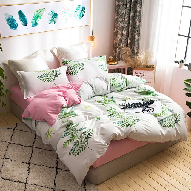 Tropical Green Plant Leaves Print Bedding 4pc Queen King Twin Size Plants Rainforest Duvet Cover Sets In From Home