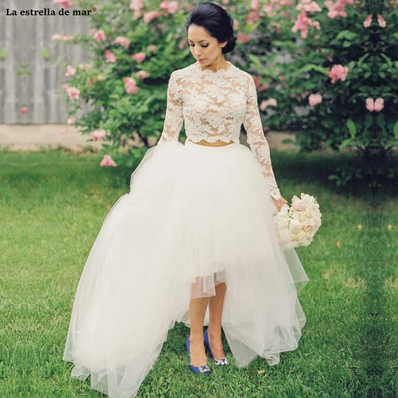 

Hochzeitskleid new lace long sleeve 2 pieces ivory High Low boho wedding dress long bestidos de novia beautiful brautkleid