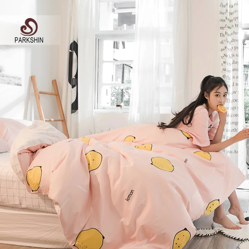 Parkshin Bedding Set Cute Nordic Lemon Pink Bedspread Comforter Nordic Lemon Pink Bedspread Comforter