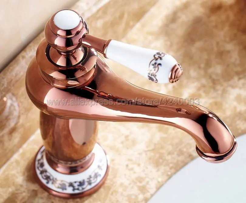 Rose Gold Ceramic Single handle Bathroom Basin Faucet Brass Vessel Sink Water Tap Mixer Knf502