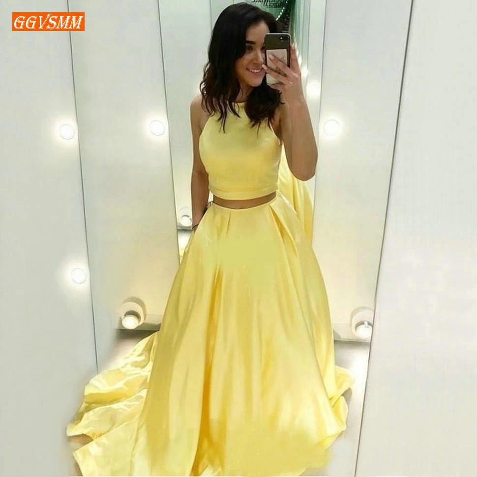 

Simple Two Piece Yellow Prom Dresses Long Satin Slim Fit A Line Prom Dress Custom Made Banquet Women Evening Party Formal Gowns