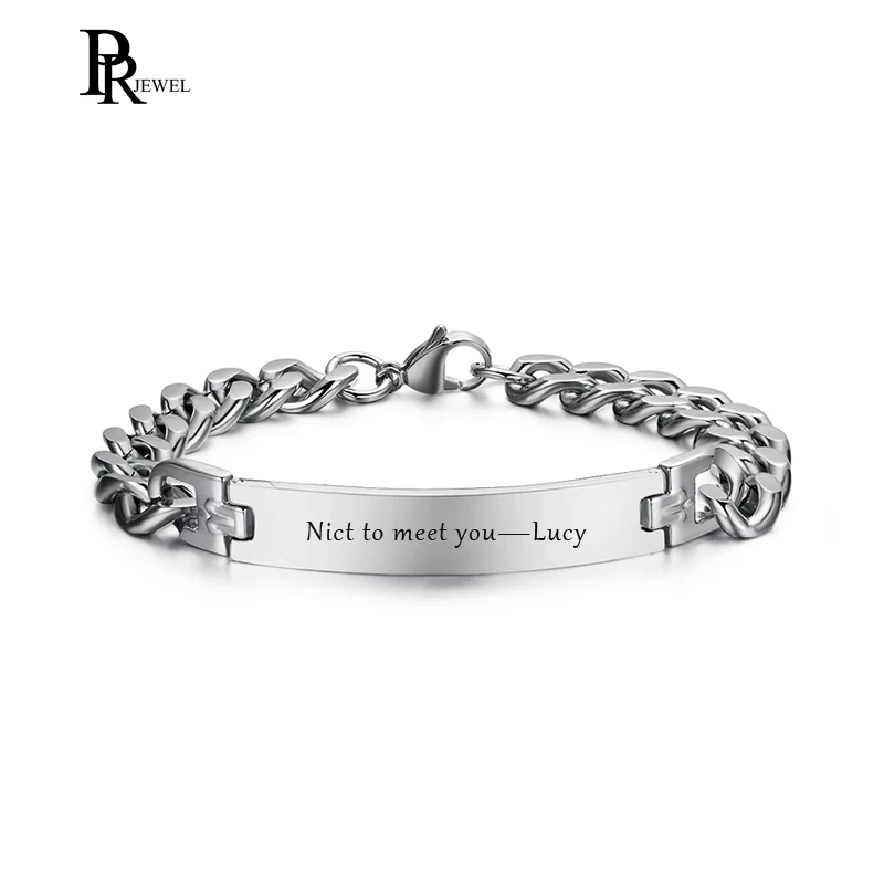 

Free Engraving Personalized Custom Name Stainless Steel Silver Color ID Tag for His and Hers Curb Chain Lover Bracelet