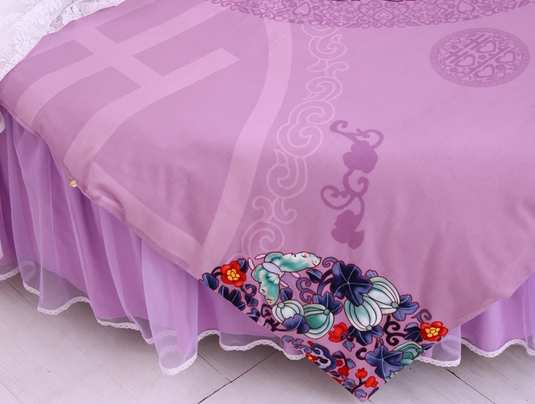 Sale LACE ROUND Corner Bed Europe Orange color Flower Bedding sets Cotton Round Double Bed sheet Duvet cover Pillow case Bedskirt 37