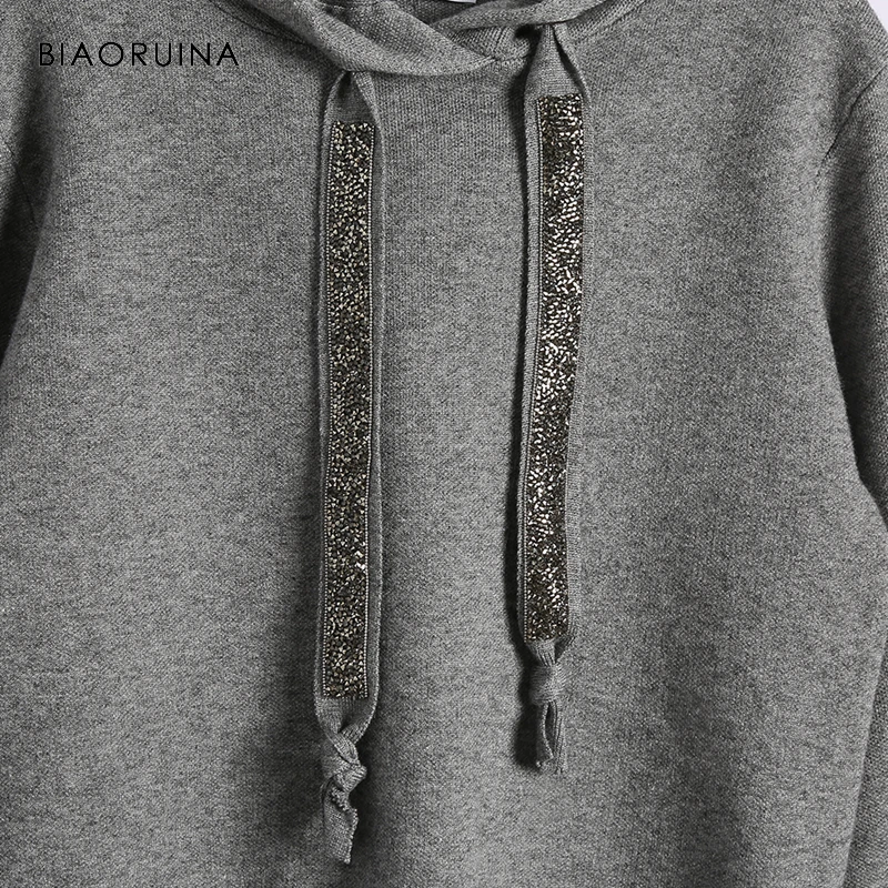  BIAORUINA Women Classic All-match Casual Knitted Sweatshirt Female Fashion Vintage Hoodies Chic Sas