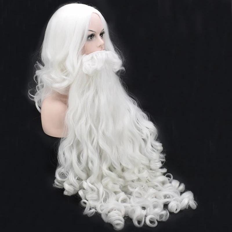 Christmas Cosplay Wig Beard Santa Claus White Curly Long Synthetic Hair Adult