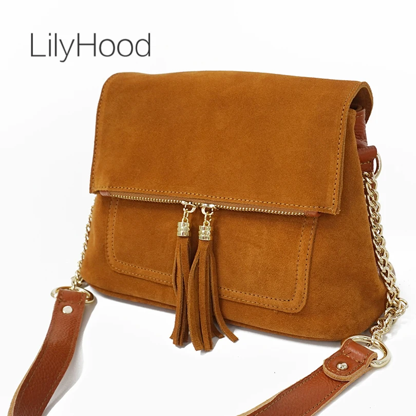 LilyHood النساء جلد طبيعي هامش حقائب كتف الأزياء البقر المدبوغ شرابة البني سلسلة متعددة جيوب Crossbody دلو أكياس