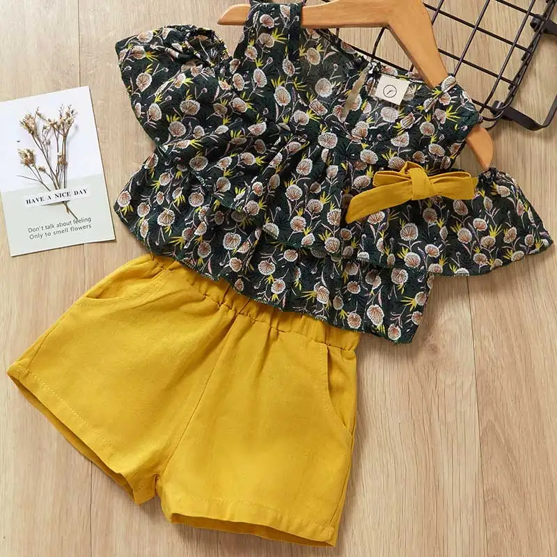 Menoea/Детские костюмы г. Летняя стильная детская одежда для девочек рубашка с цветочным принтом и бантом+ короткие штаны комплект одежды из 2 предметов