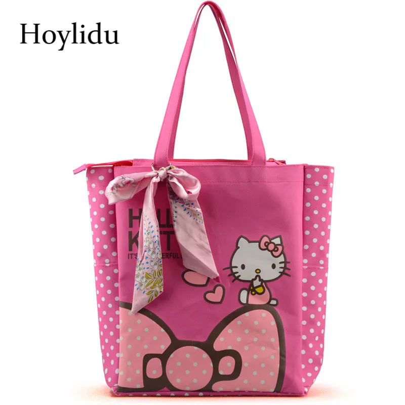 

Oxford Women Handbags Cute Hello Kitty Casual Tote with Bowknot Female Multi-function Shopping Bag Shoulder Lunch Bags For Kids