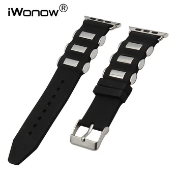 

Silicone Rubber Watch Band for iWatch Apple Watch 38mm 42mm Stainless Steel Pin Buckle Strap Wrist Belt Bracelet Black + Tool
