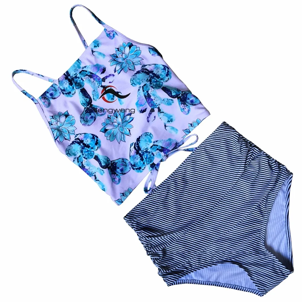 

Tengweng 2018 New Sexy Floral Print Women Swimsuit High waist Bikini Lace Bandage Tank Swimwear Striped Female Bathing suit