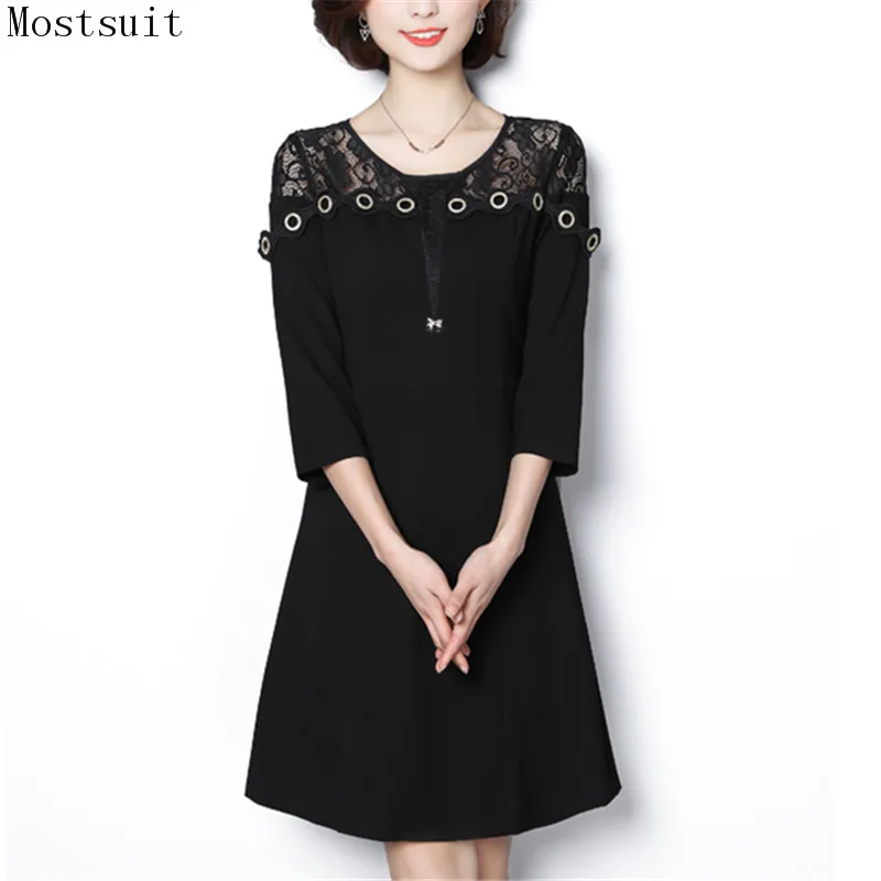 

L-5xl Plus Size Black Lace Dress Women 2018 Autumn Winter Lace Patchwork Hollow Dresses 3/4 Sleeve Vintage Sexy Party Vestidos