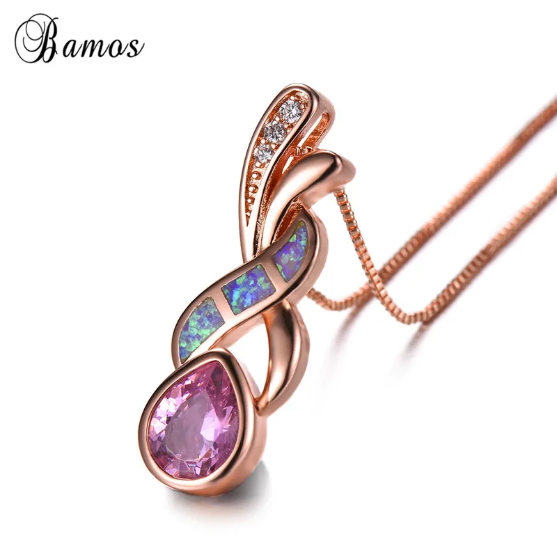 Bamos High Quality Rose Gold Filled Purple Fire Opal Crossed Choker Charming Pink Zircon Water Drop Pendant Necklace For Women | Украшения