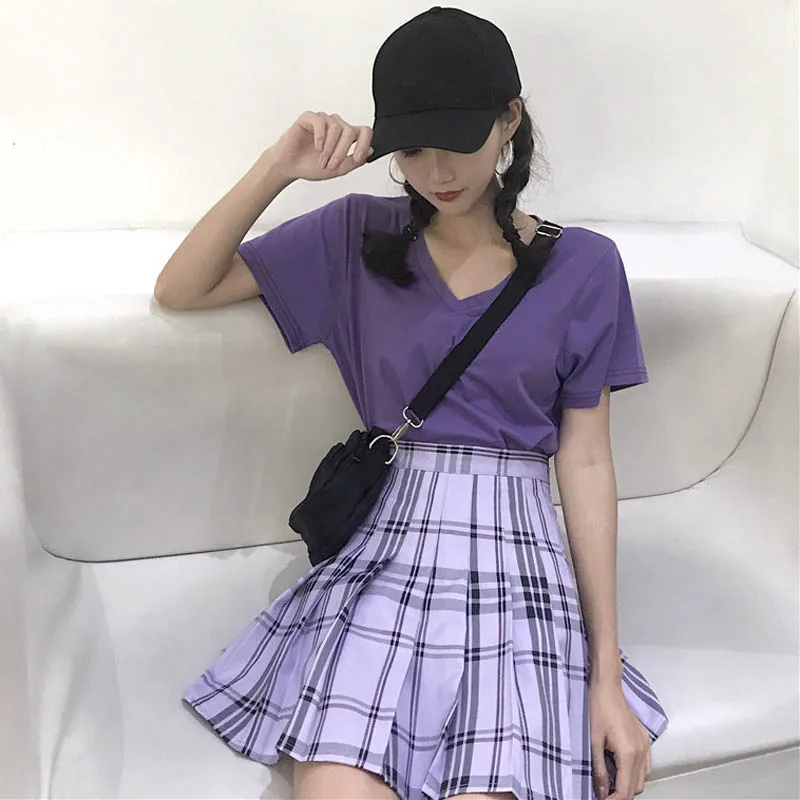 Harajuku Юбки для студентов девочек 2019 Высокая талия плиссированные плед Мини-юбки Chic фиолетовый женские офисные юбки женщин # T020
