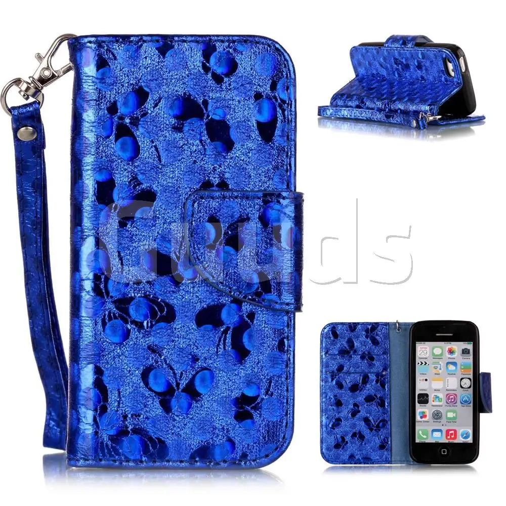 Luxury Laser Butterfly Optical Maser Leather Wallet Case for iPhone 5c - Blue