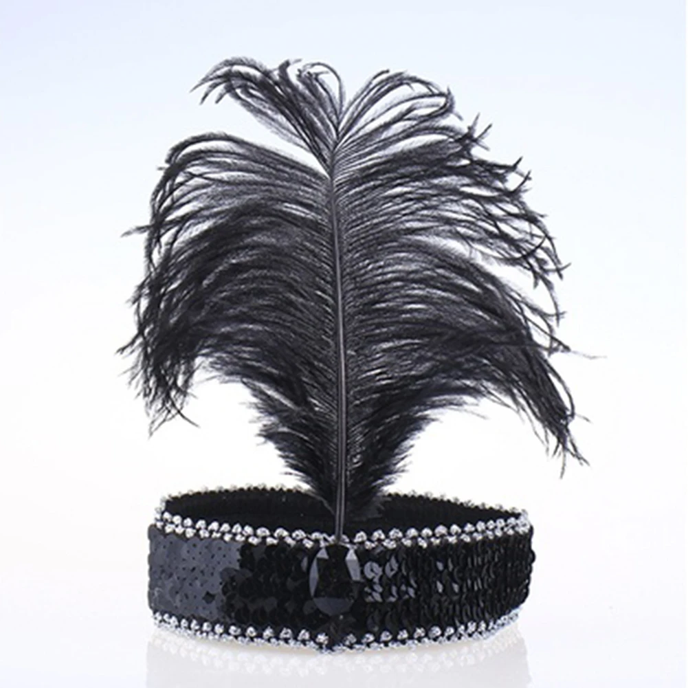 Vintage Feather Headband Shining Sequin Performance Costume Hairband Headpiece