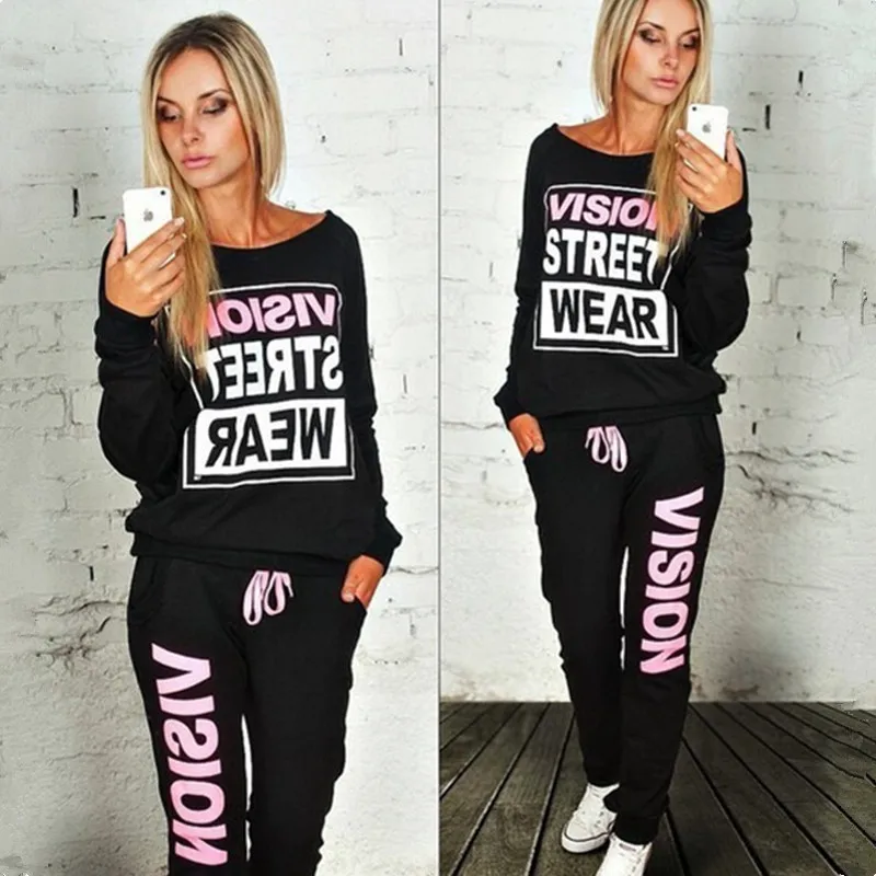 

CHUQING 2019 Women's Letter Printing Sports Suit Autumn and Winter Round Neck Sweater Two-piece